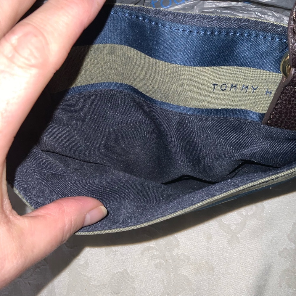 Tommy Hilfiger Blue & Gray Striped Canvas & Brown Leather Satchel Purse Like New - Picture 4 of 11